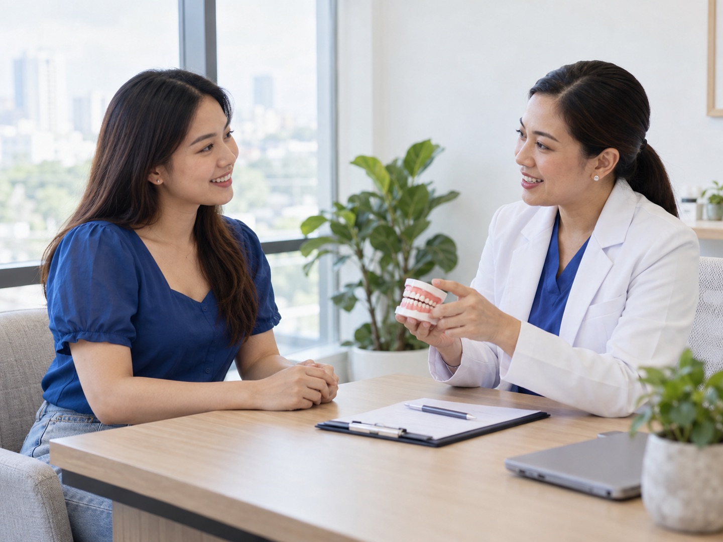AI-generated illustrative dentist and patient discussing options with a dental model; not verified clinic staff or patients.